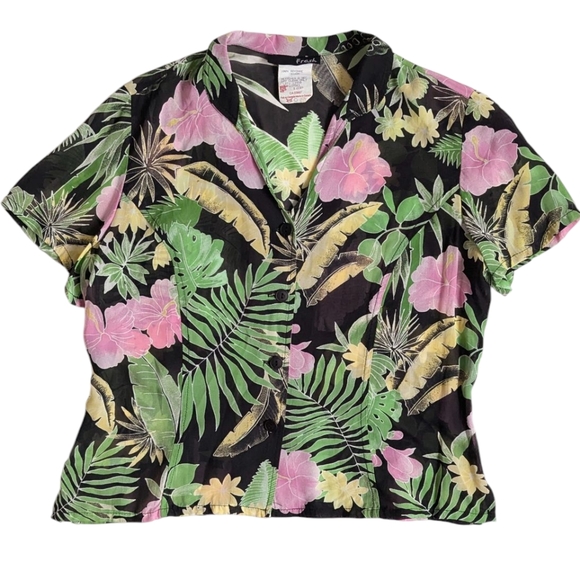 Vintage Tops - Vintage Sheer Mesh Botanical Floral Button Down Top